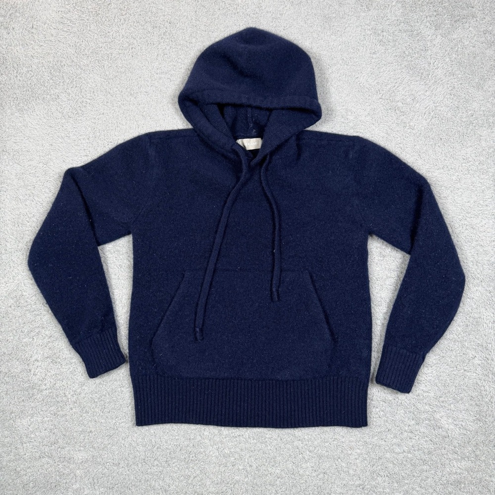 Everlane Navy Blue 100% Wool Knit Hoodie Sweater Sz S Kangaroo Pocket Drawstring